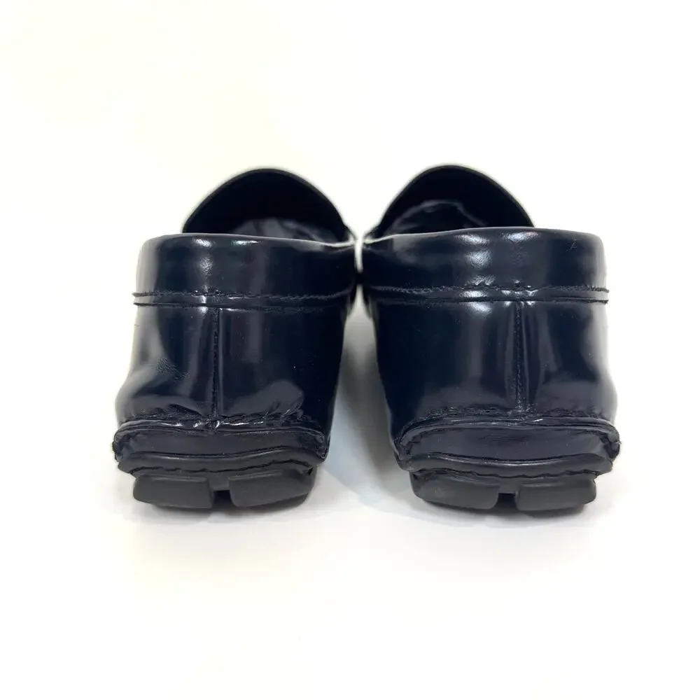 PRADA Patent Leather Navy Blue Silver Metal Logo Plaque Driving Loafer 10 Shoes